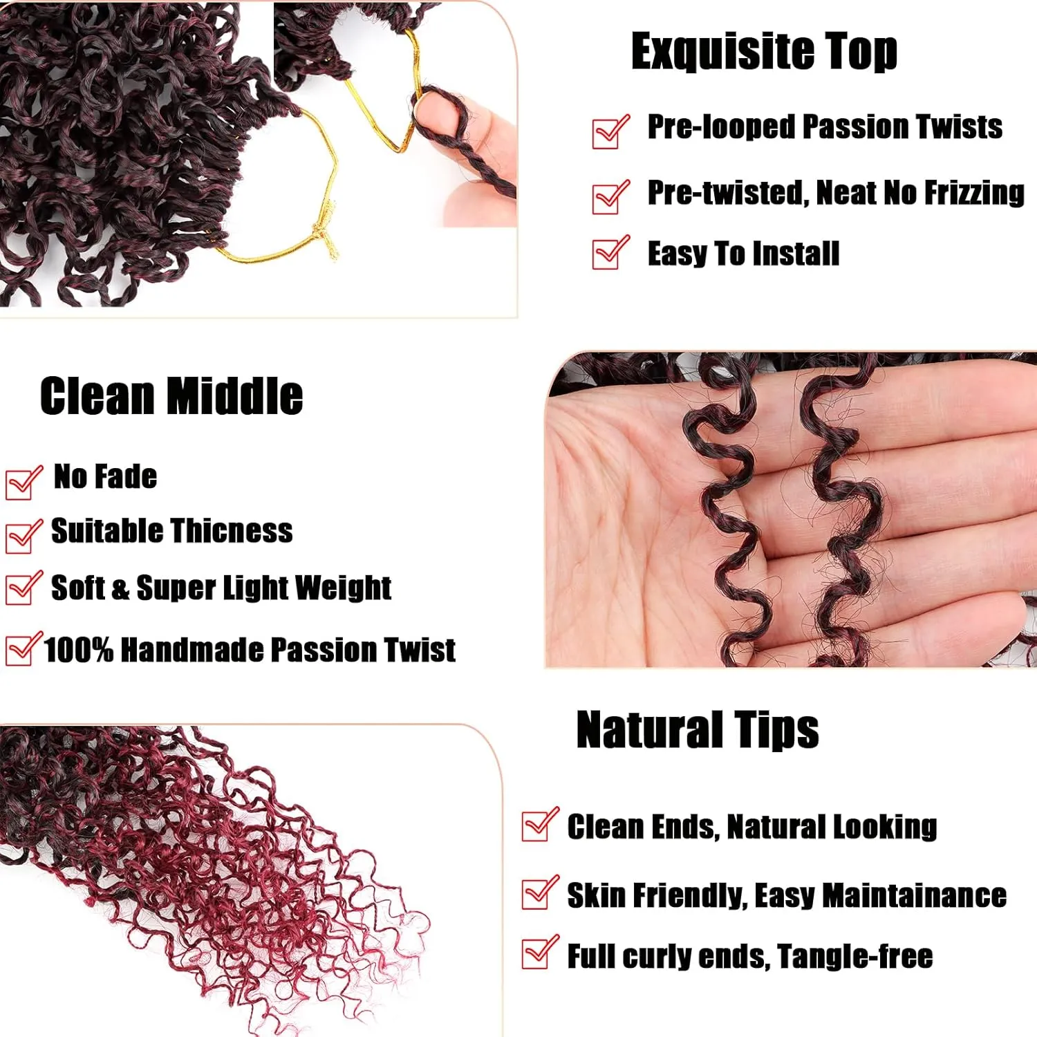 8 PCS Pre-twisted Yanky Twist Crochet Hair 14 Inch Ombre Burgundy Passion Twist Crochet Braiding Hair Pre-Looped Curly Crochet Braids Synthetic Spring Twist Crochet Hair Extensions (1B/BUG#)