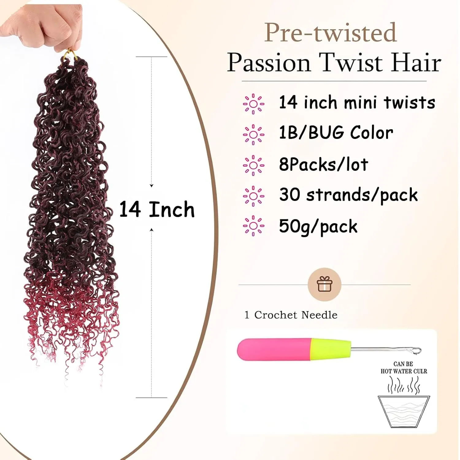8 PCS Pre-twisted Yanky Twist Crochet Hair 14 Inch Ombre Burgundy Passion Twist Crochet Braiding Hair Pre-Looped Curly Crochet Braids Synthetic Spring Twist Crochet Hair Extensions (1B/BUG#)
