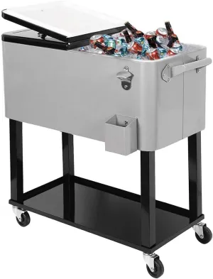 80 Quart Qt Rolling Cooler Ice Chest for Outdoor Patio Deck Party, Grey, Portable Party Bar Cold Drink Beverage Cart Tub, Backyard Cooler Trolley on Wheels with Shelf, Stand, & Bottle Opener