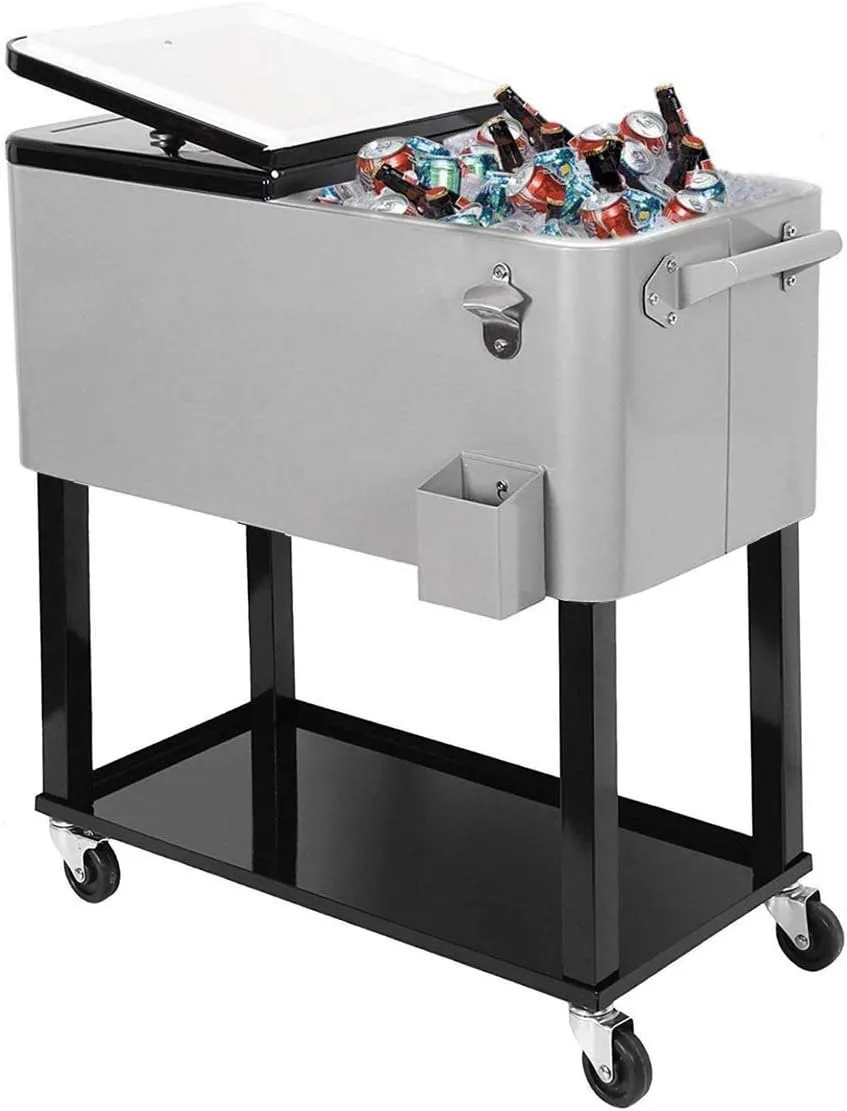 80 Quart Qt Rolling Cooler Ice Chest for Outdoor Patio Deck Party, Grey, Portable Party Bar Cold Drink Beverage Cart Tub, Backyard Cooler Trolley on Wheels with Shelf, Stand, & Bottle Opener