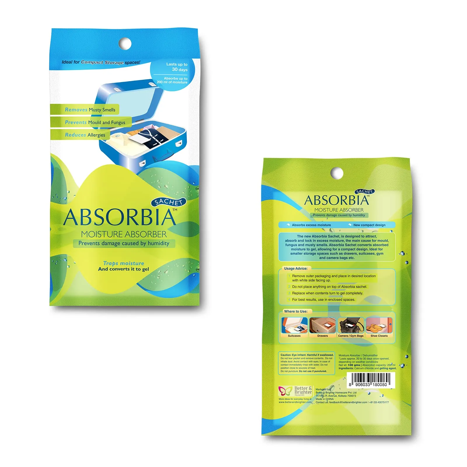 Absorbia Moisture Absorber Sachet -Pack of 6 (200ml Each) | Dehumidier for Bags, Suitcases Drawers & Absorbia Natural Camphor 20G X 3 | For cupboards and shoe closets | Air Freshener & Bug repellent