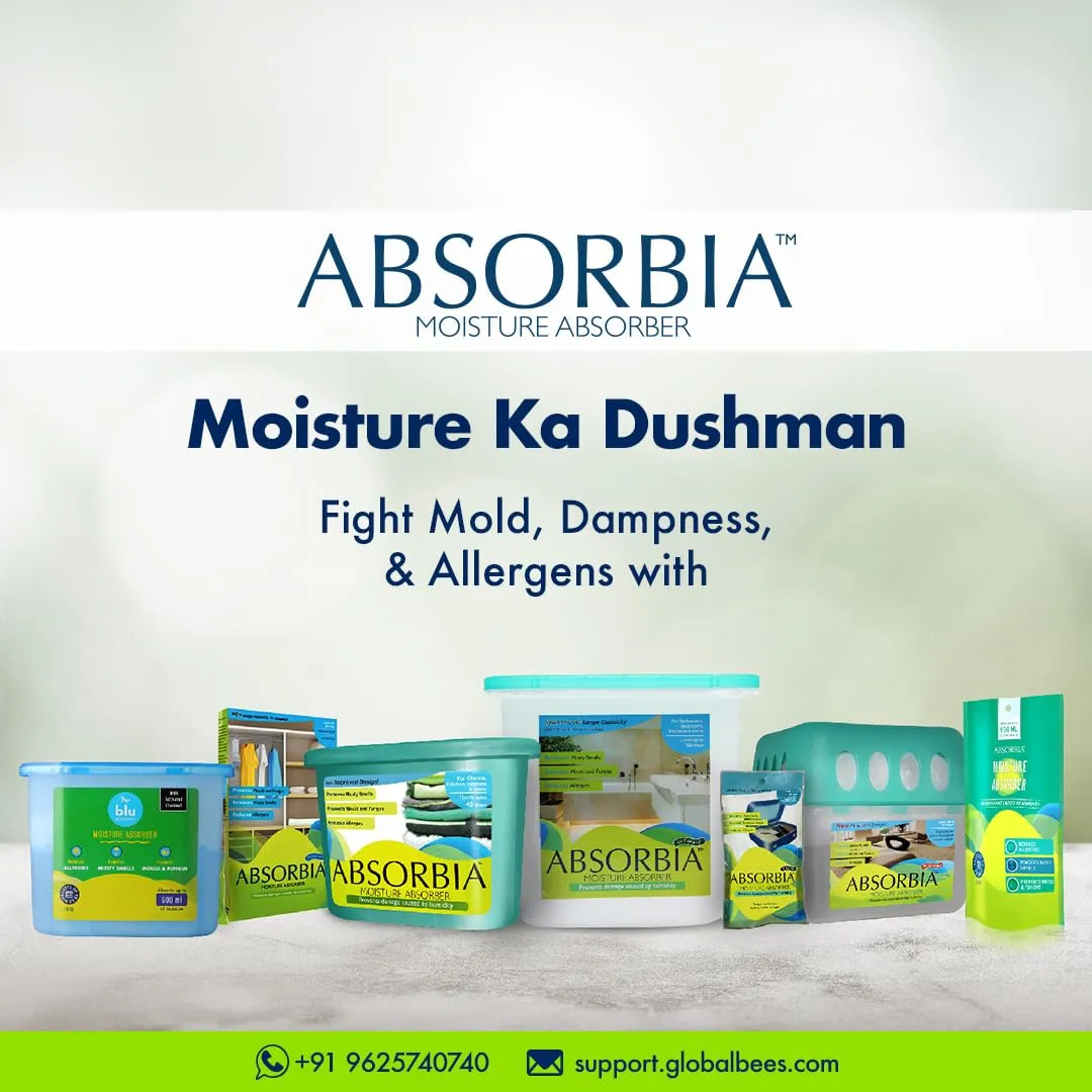 Absorbia Moisture Absorber Sachet -Pack of 6 (200ml Each) | Dehumidier for Bags, Suitcases Drawers & Absorbia Natural Camphor 20G X 3 | For cupboards and shoe closets | Air Freshener & Bug repellent