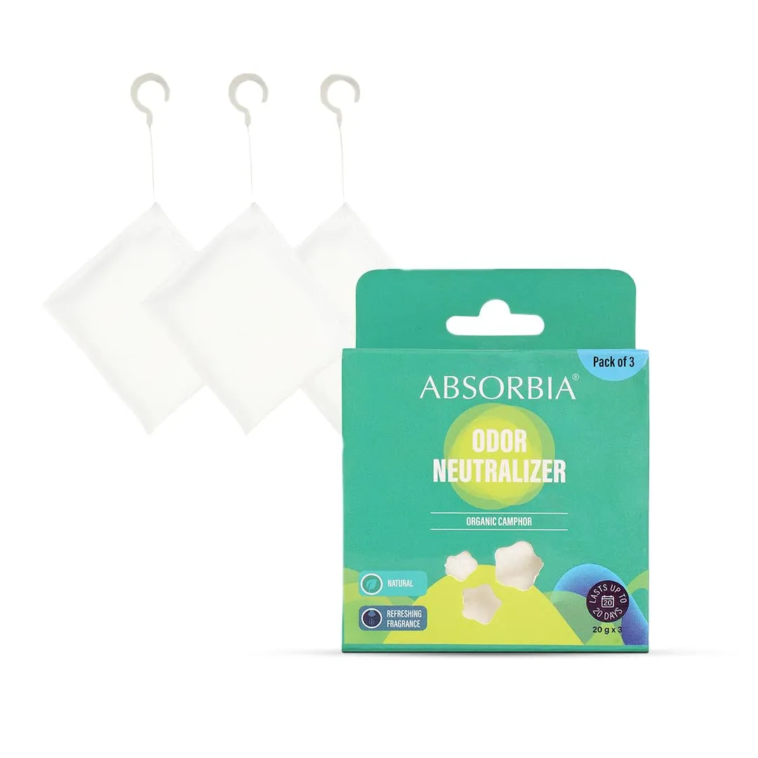 Absorbia Moisture Absorber Sachet -Pack of 6 (200ml Each) | Dehumidier for Bags, Suitcases Drawers & Absorbia Natural Camphor 20G X 3 | For cupboards and shoe closets | Air Freshener & Bug repellent