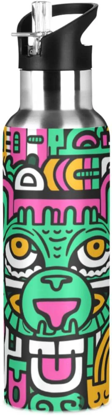 Abstract Doodle Lion Art Sport Water Bottle Insulated Stainless Steel Large Vacuum Flask Leak Proof Thermos with Straw for Travel(600ml/1000ml)