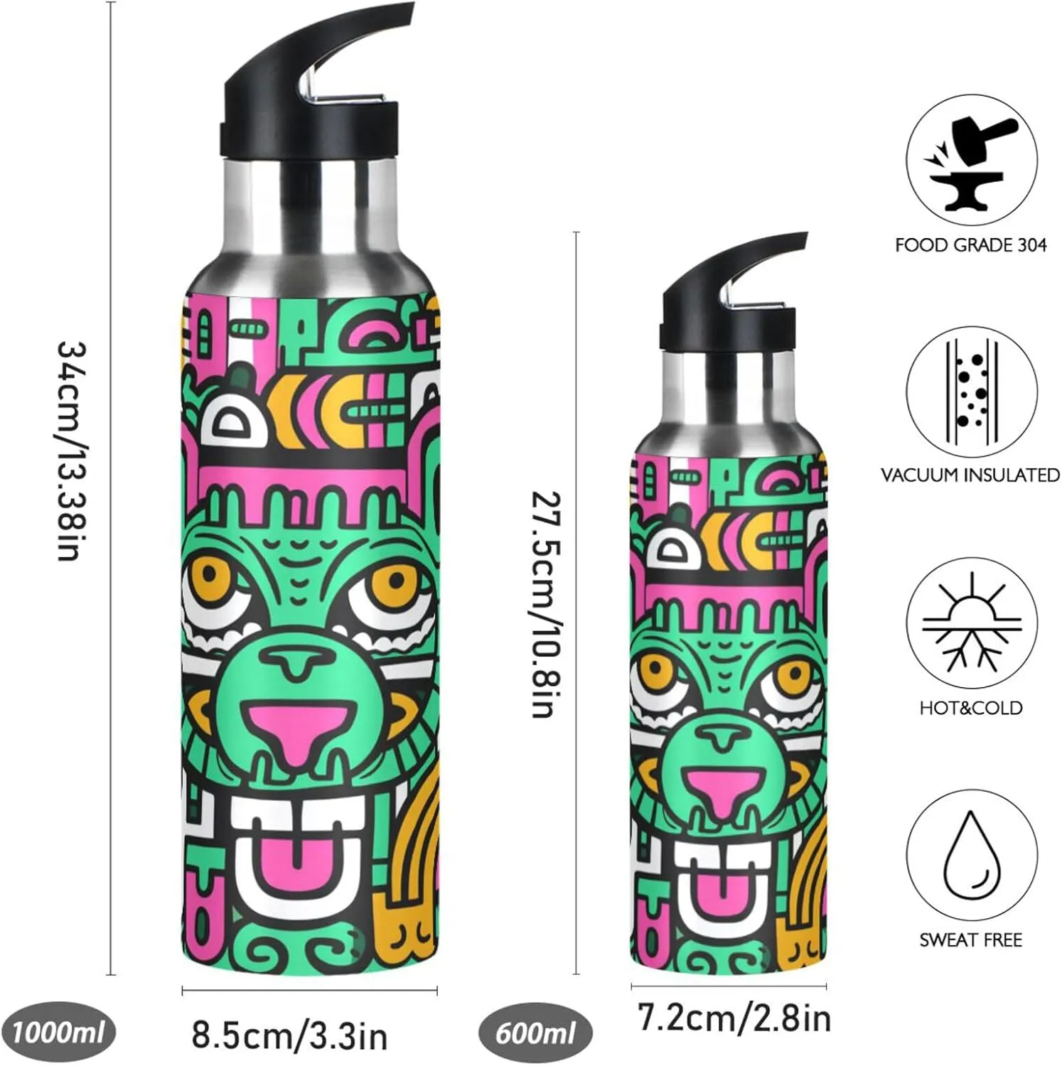 Abstract Doodle Lion Art Sport Water Bottle Insulated Stainless Steel Large Vacuum Flask Leak Proof Thermos with Straw for Travel(600ml/1000ml)