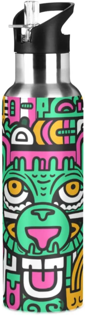 Abstract Doodle Lion Art Sport Water Bottle Insulated Stainless Steel Large Vacuum Flask Leak Proof Thermos with Straw for Travel(600ml/1000ml)