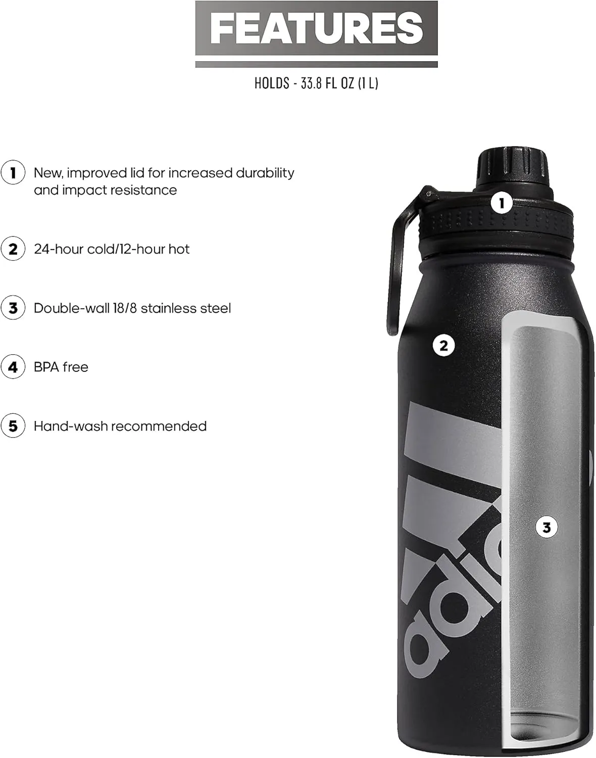 adidas 1 Liter (32 oz) Metal Water Bottle, Hot/Cold Double-Walled Insulated 18/8 Stainless Steel, Black/Silver Metallic, 32 Ounces