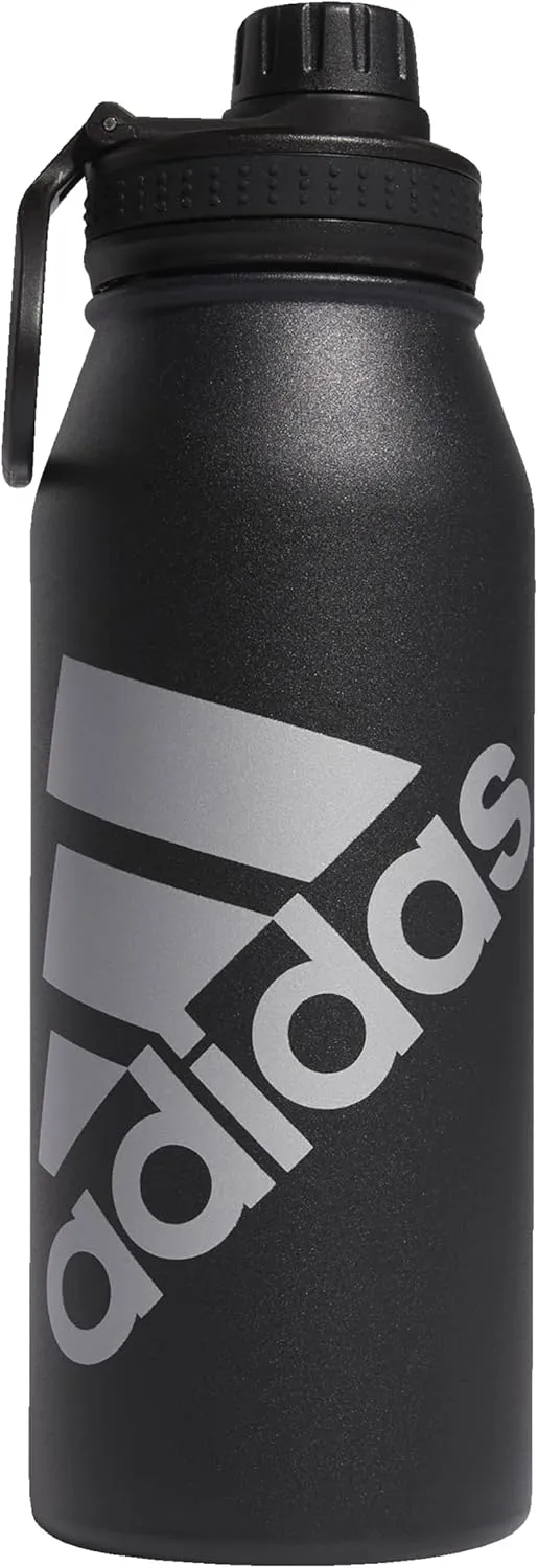 adidas 1 Liter (32 oz) Metal Water Bottle, Hot/Cold Double-Walled Insulated 18/8 Stainless Steel, Black/Silver Metallic, 32 Ounces