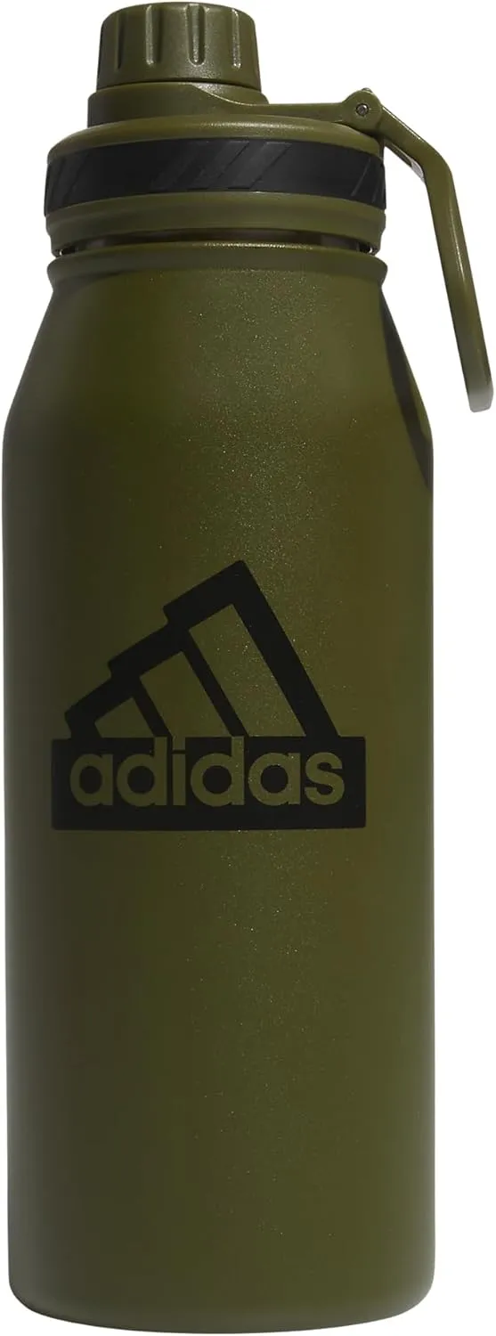 adidas 1 Liter (32 oz) Metal Water Bottle, Hot/Cold Double-Walled Insulated 18/8 Stainless Steel, Focus Olive Green/Black, 32 Ounces
