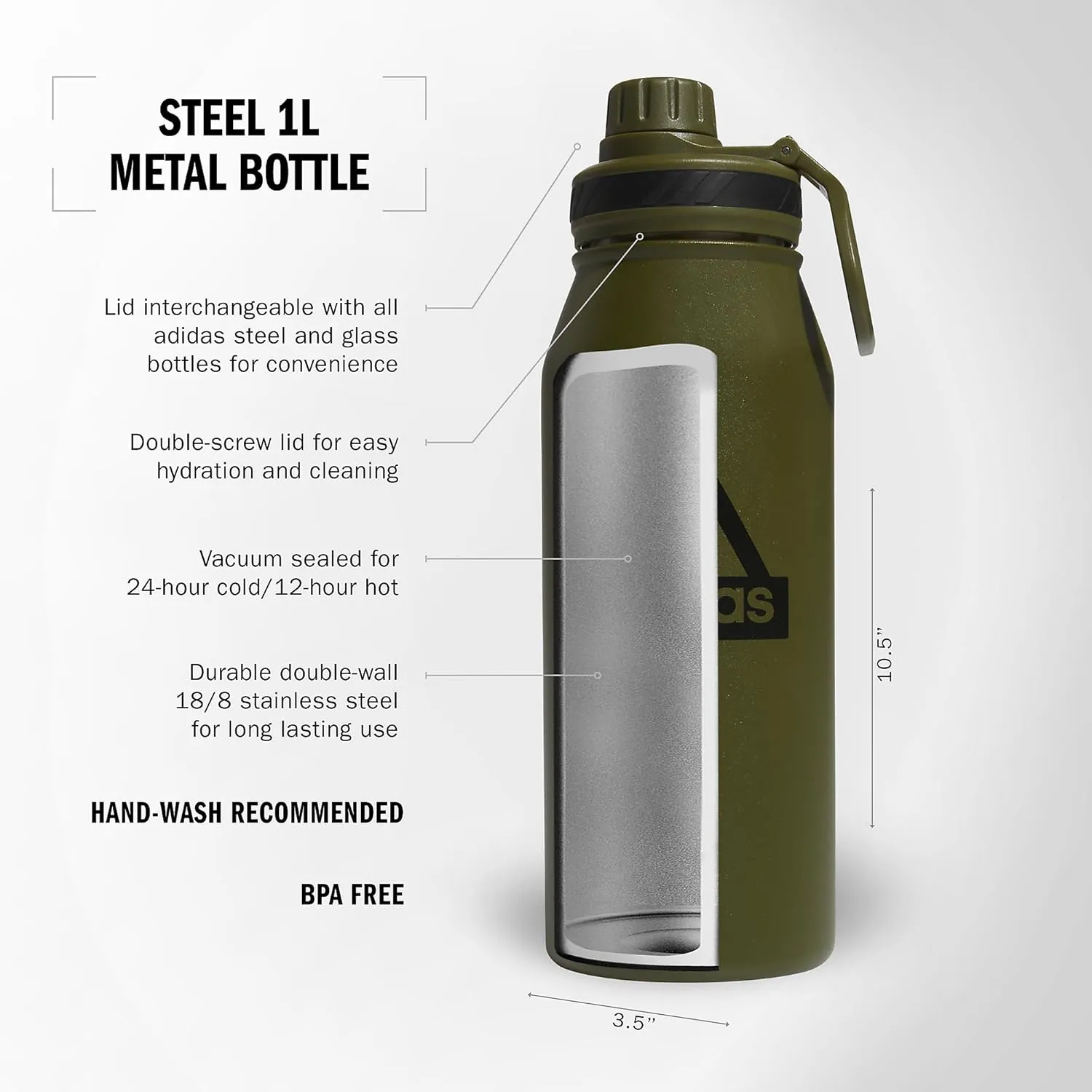 adidas 1 Liter (32 oz) Metal Water Bottle, Hot/Cold Double-Walled Insulated 18/8 Stainless Steel, Focus Olive Green/Black, 32 Ounces