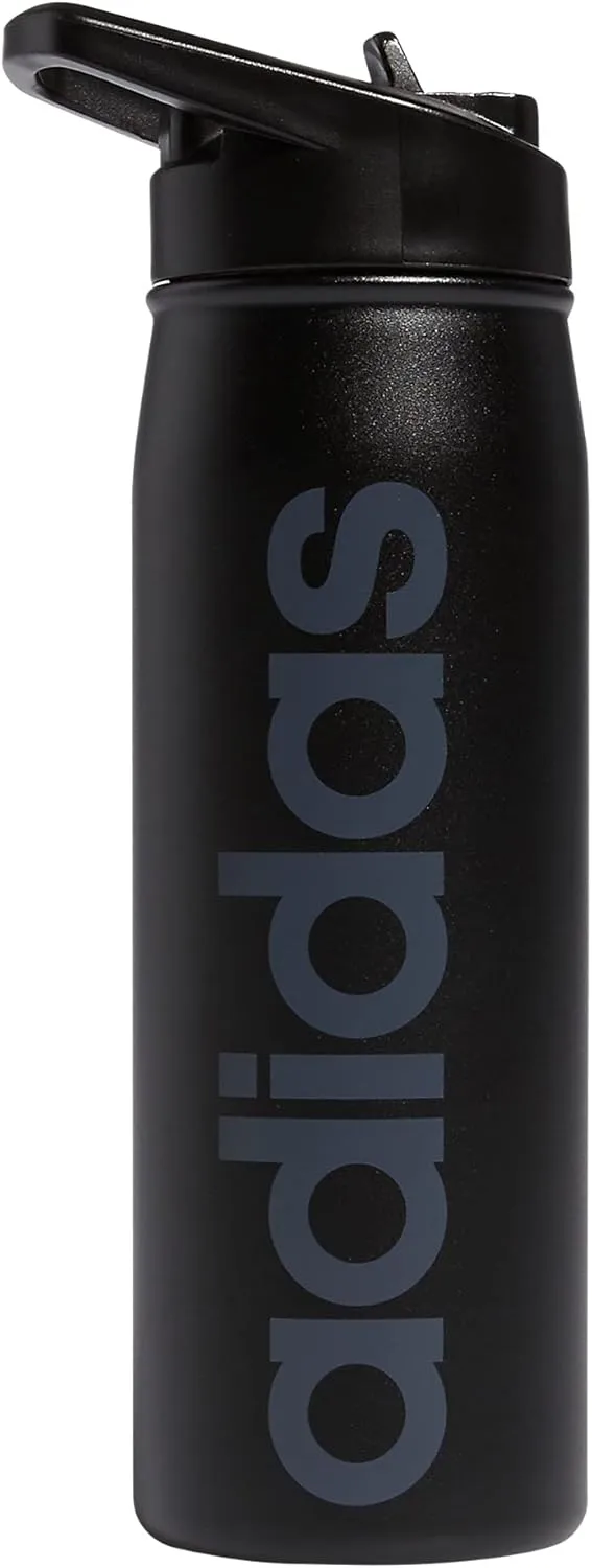 adidas 600 ML (20 oz) Straw Top Metal Water Bottle, Hot/Cold Double-Walled Insulated 18/8 Stainless Steel, Black/Onix Grey, One Size