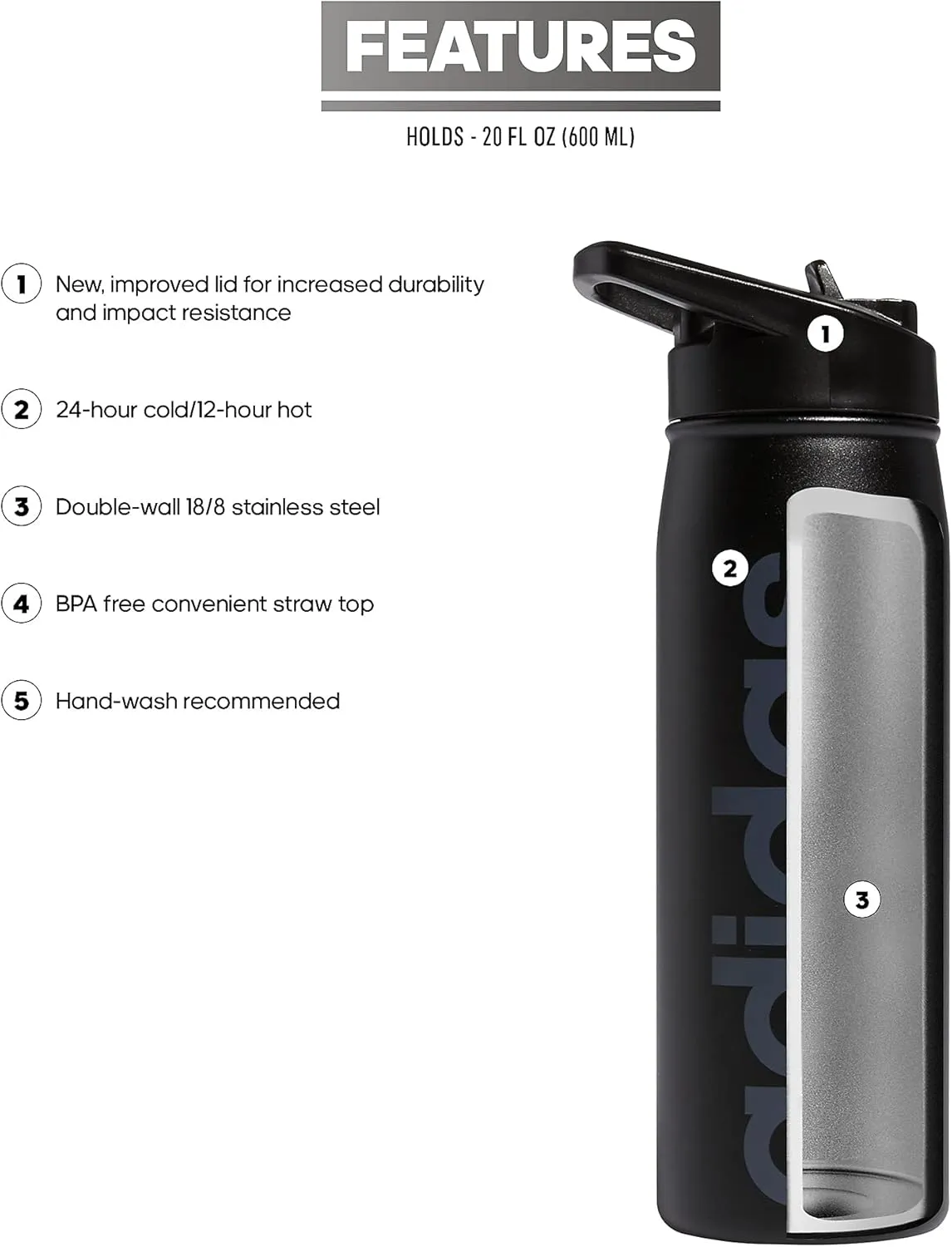 adidas 600 ML (20 oz) Straw Top Metal Water Bottle, Hot/Cold Double-Walled Insulated 18/8 Stainless Steel, Black/Onix Grey, One Size
