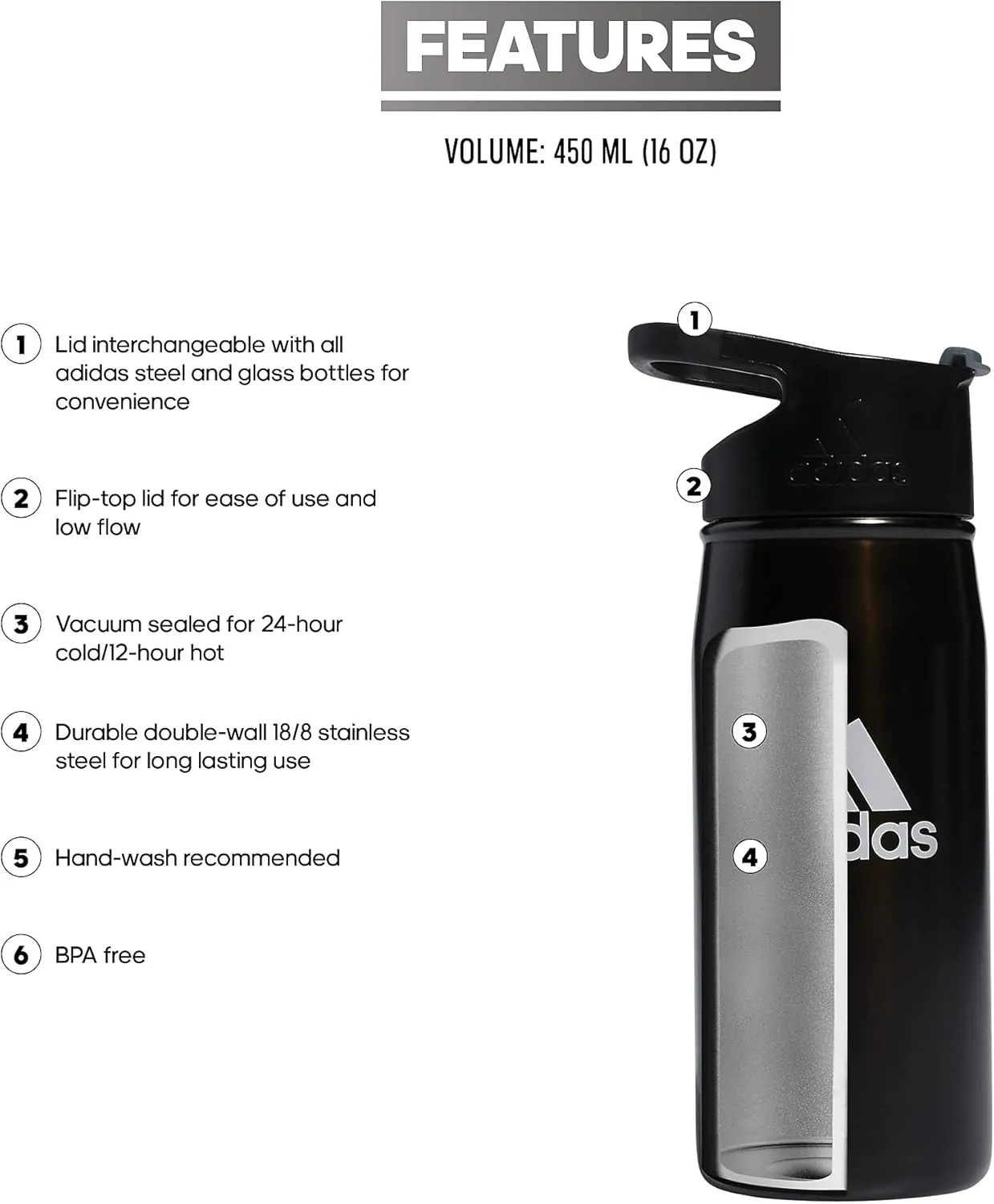 adidas Unisex 450 ML (16 oz) Metal Water Bottle Tumbler