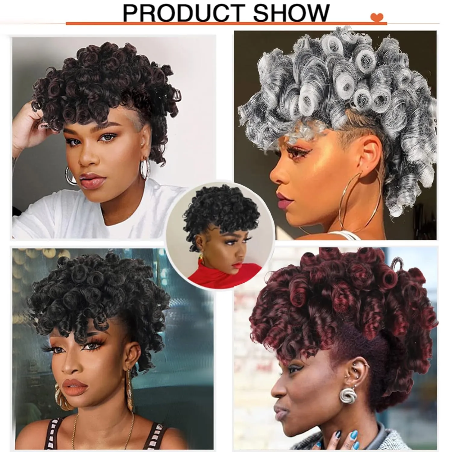Afro Curly Mohawk Hair Extensions for Black Women Short Mohawk Ponytail Wig with Bangs, Deep Curl Clip on Mohawk Mix Burgundy to Black Faux Hawk Clip in Hair Pieces for Women Girls (1B/BUG)