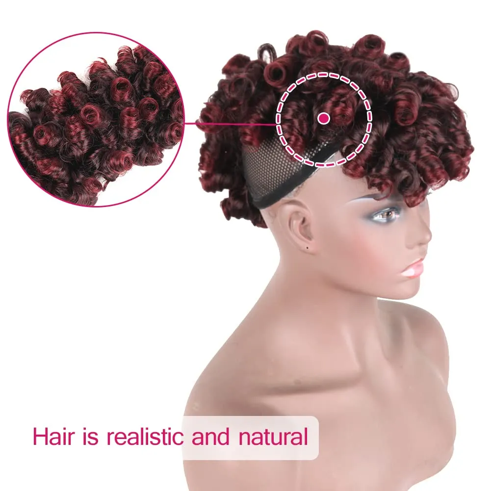 Afro Curly Mohawk Hair Extensions for Black Women Short Mohawk Ponytail Wig with Bangs, Deep Curl Clip on Mohawk Mix Burgundy to Black Faux Hawk Clip in Hair Pieces for Women Girls (1B/BUG)