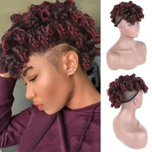 Afro Curly Mohawk Hair Extensions for Black Women Short Mohawk Ponytail Wig with Bangs, Deep Curl Clip on Mohawk Mix Burgundy to Black Faux Hawk Clip in Hair Pieces for Women Girls (1B/BUG)