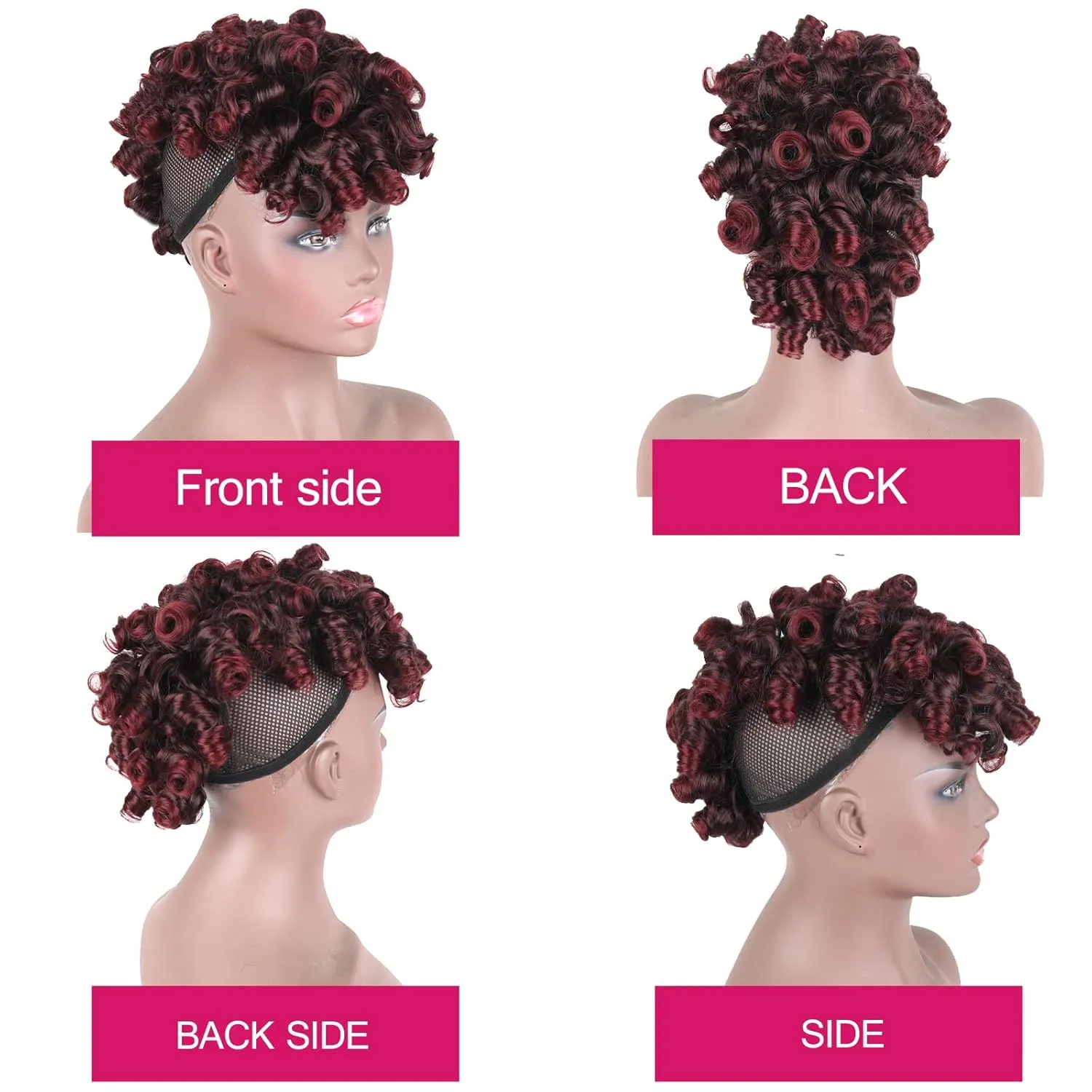 Afro Curly Mohawk Hair Extensions for Black Women Short Mohawk Ponytail Wig with Bangs, Deep Curl Clip on Mohawk Mix Burgundy to Black Faux Hawk Clip in Hair Pieces for Women Girls (1B/BUG)