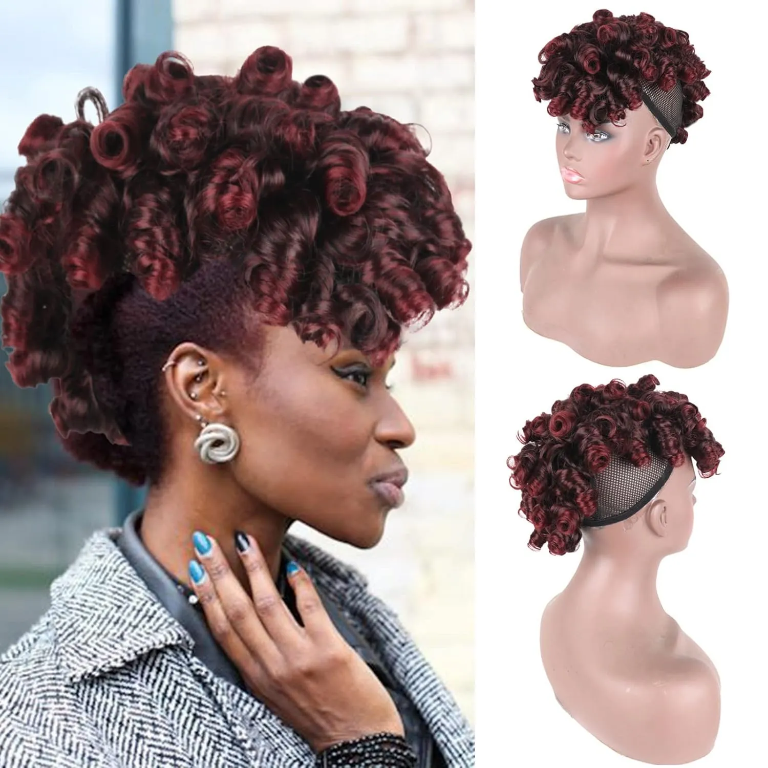 Afro Curly Mohawk Hair Extensions for Black Women Short Mohawk Ponytail Wig with Bangs, Deep Curl Clip on Mohawk Mix Burgundy to Black Faux Hawk Clip in Hair Pieces for Women Girls (1B/BUG)