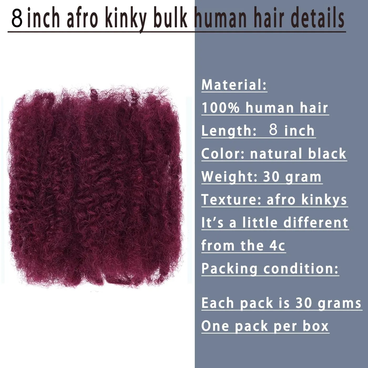 Afro Kinky Bulk Human Hair - 30g/Pack Natural Black 100% Human Hair for Dreadlocks & Loc Extensions Faux Locs Braiding Twist Afro Kinky Bulk Can Dye and Bleach (Wine Red/BUG#)