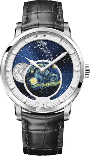 AGELOCER Luxury Automatic Mechanical Watch, Original Men Watch with 3D Starry Sky Moon Phase Watch Dial Skeleton Leather Men's Wrist Watch