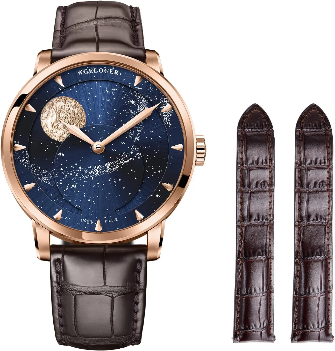 AGELOCER Luxury Automatic Mechanical Watch, Original Men Watch with 3D Starry Sky Moon Phase Watch Dial Skeleton Leather Men's Wrist Watch