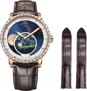 AGELOCER Luxury Automatic Mechanical Watch, Original Men Watch with 3D Starry Sky Moon Phase Watch Dial Skeleton Leather Men's Wrist Watch