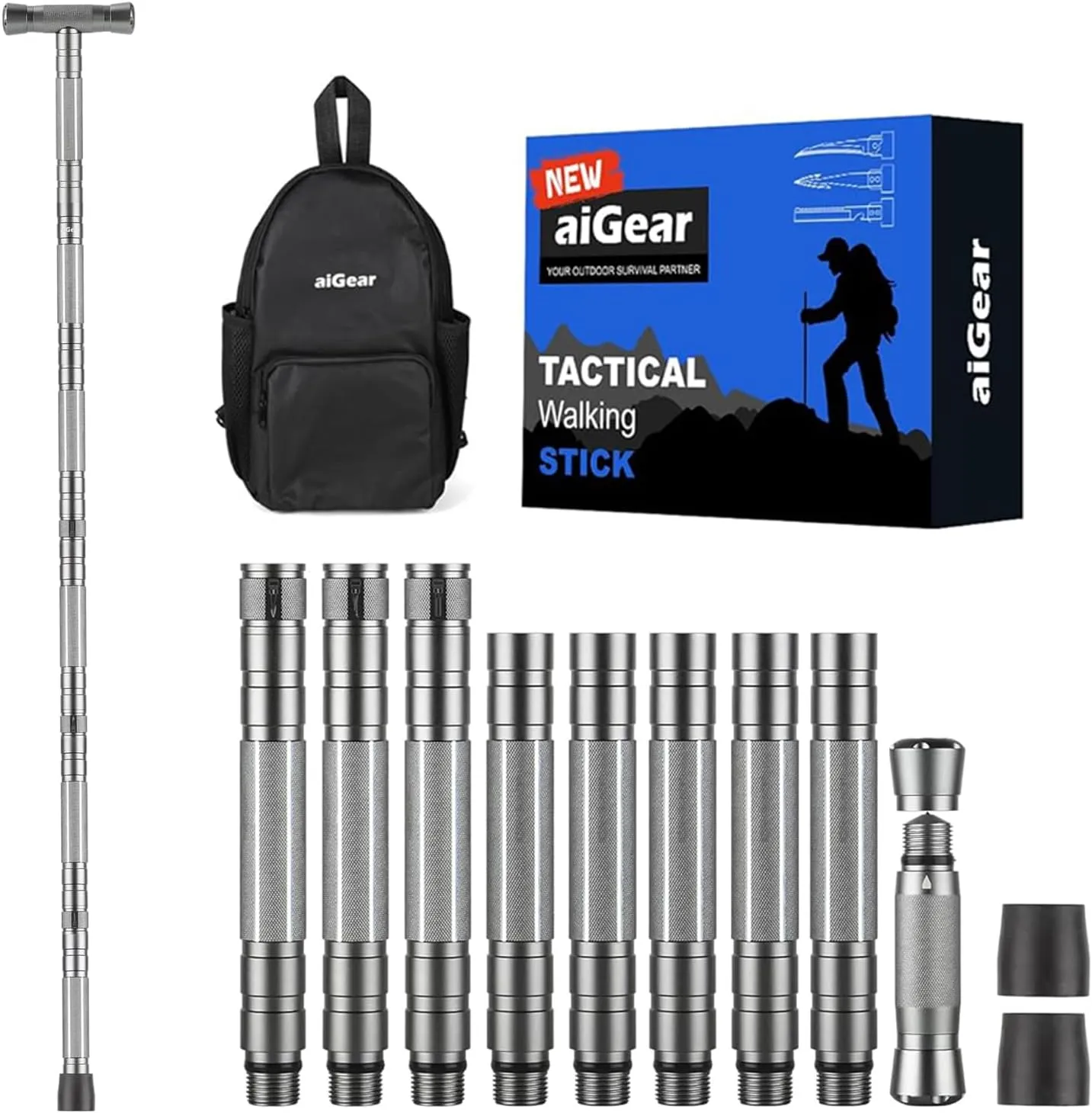 aiGear Hiking Walking Stick Hiking Poles with Adjustable Height, Outdoor 8 Tubes Walking Sticks for Hiking Trekking Men Women