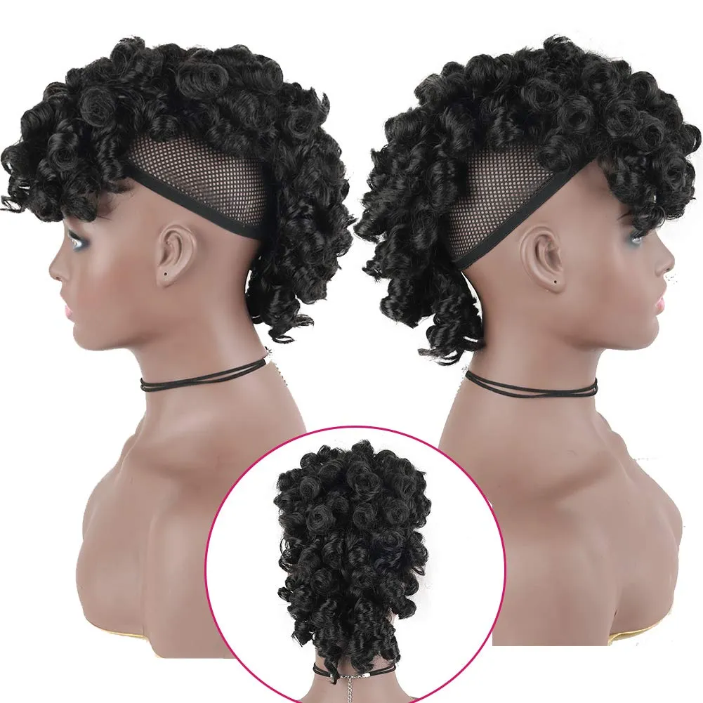 Aisaide Afro Curly Mohawk Wig With Deep CurlyMohawk Ponytails and Bangs for Black Women, Synthetic Black Faux Hawk Hair Piece 1B