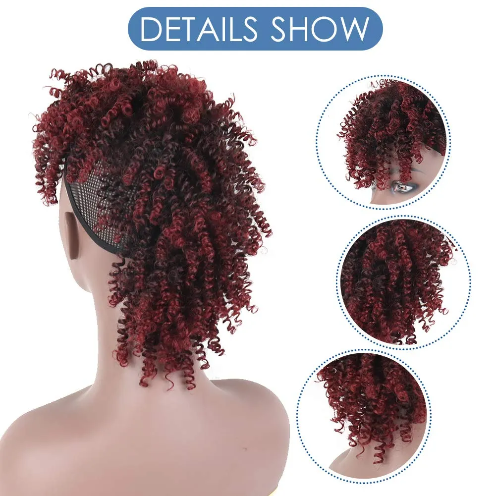 Aisaide High Puff Afro Ponytail Drawstring,Short Red Curly Ponytail Extension,Mohawk Kinky Synthetic Hair Bun with Bangs,Wrap Updo Clip in Hair Extensions with Six Clips and Two Comb(1B/BUG)