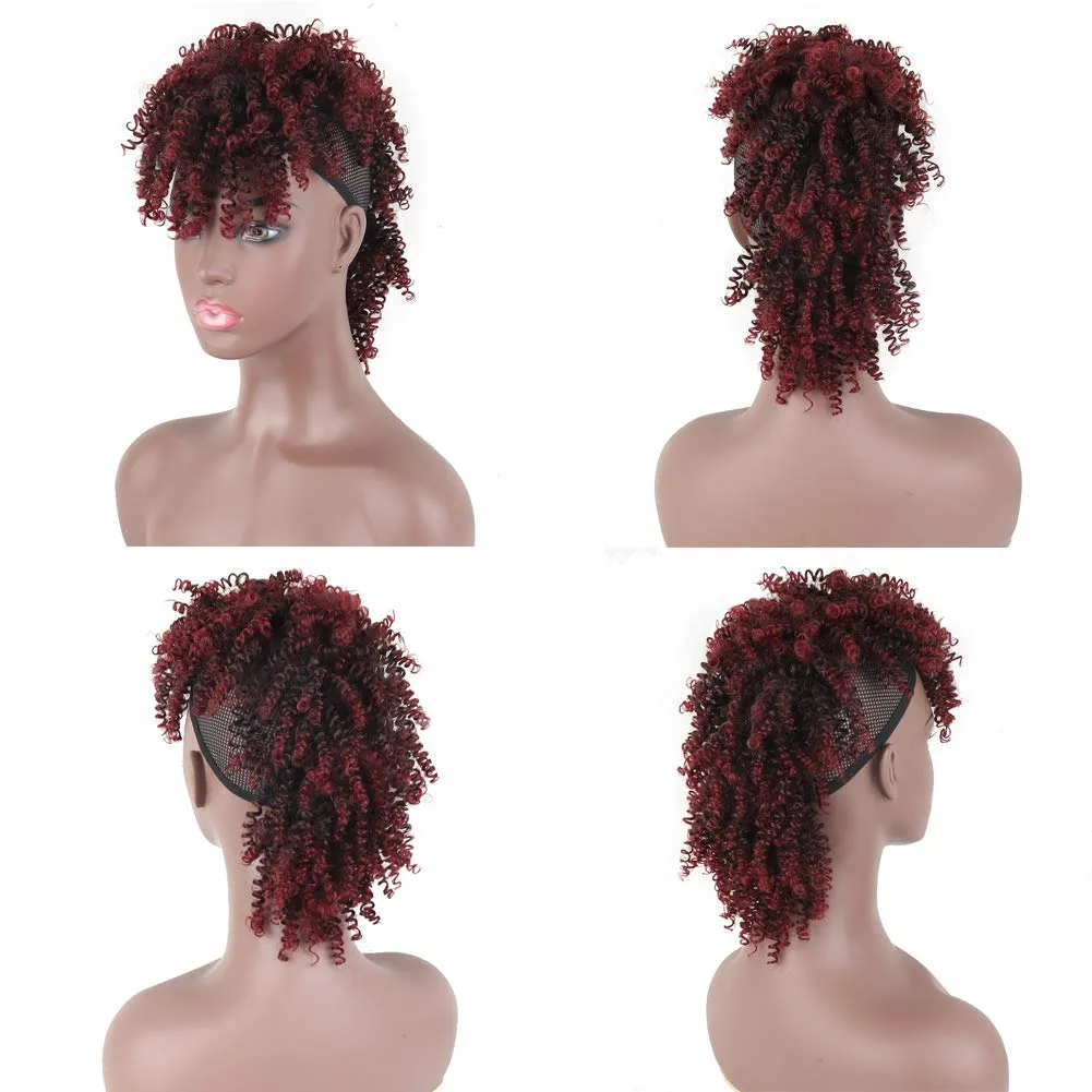 Aisaide High Puff Afro Ponytail Drawstring,Short Red Curly Ponytail Extension,Mohawk Kinky Synthetic Hair Bun with Bangs,Wrap Updo Clip in Hair Extensions with Six Clips and Two Comb(1B/BUG)