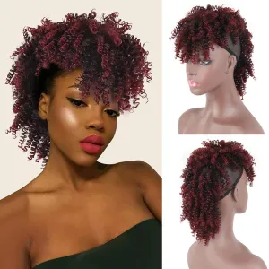 Aisaide High Puff Afro Ponytail Drawstring,Short Red Curly Ponytail Extension,Mohawk Kinky Synthetic Hair Bun with Bangs,Wrap Updo Clip in Hair Extensions with Six Clips and Two Comb(1B/BUG)