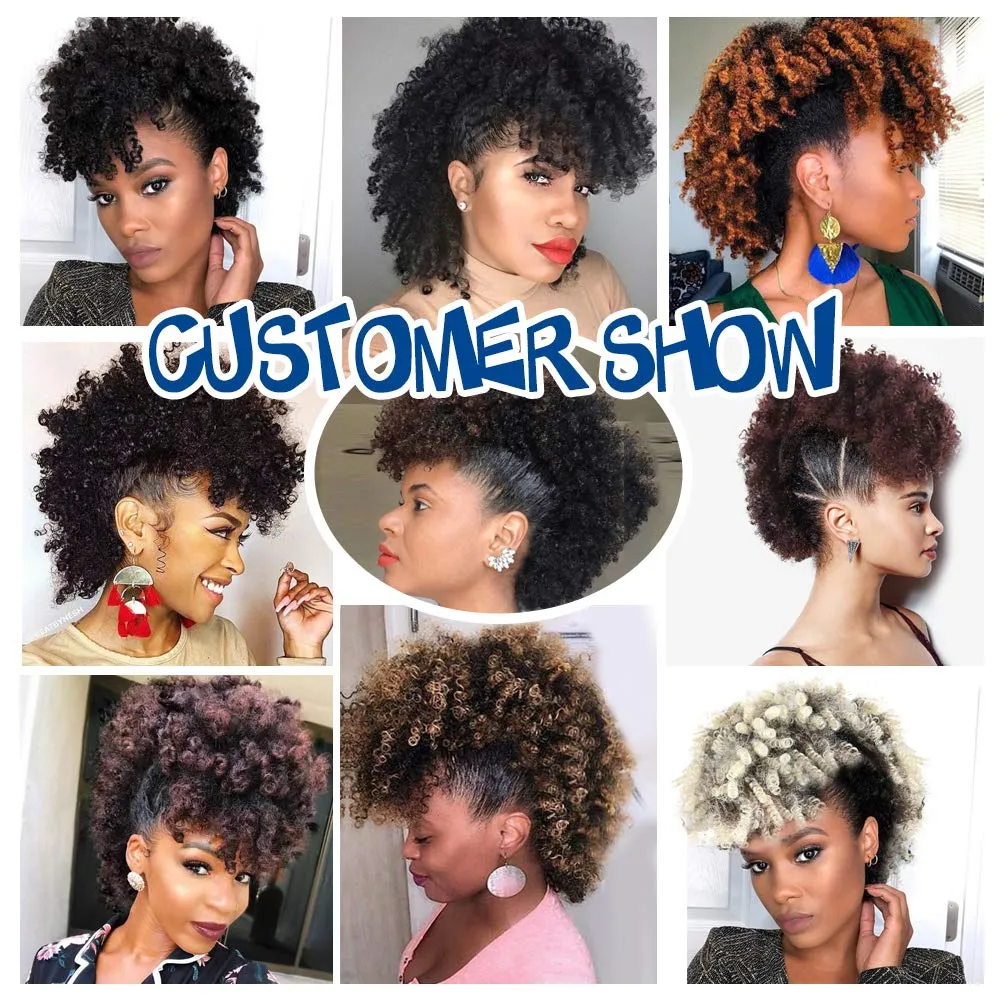 Aisaide High Puff Afro Ponytail Drawstring,Short Red Curly Ponytail Extension,Mohawk Kinky Synthetic Hair Bun with Bangs,Wrap Updo Clip in Hair Extensions with Six Clips and Two Comb(1B/BUG)