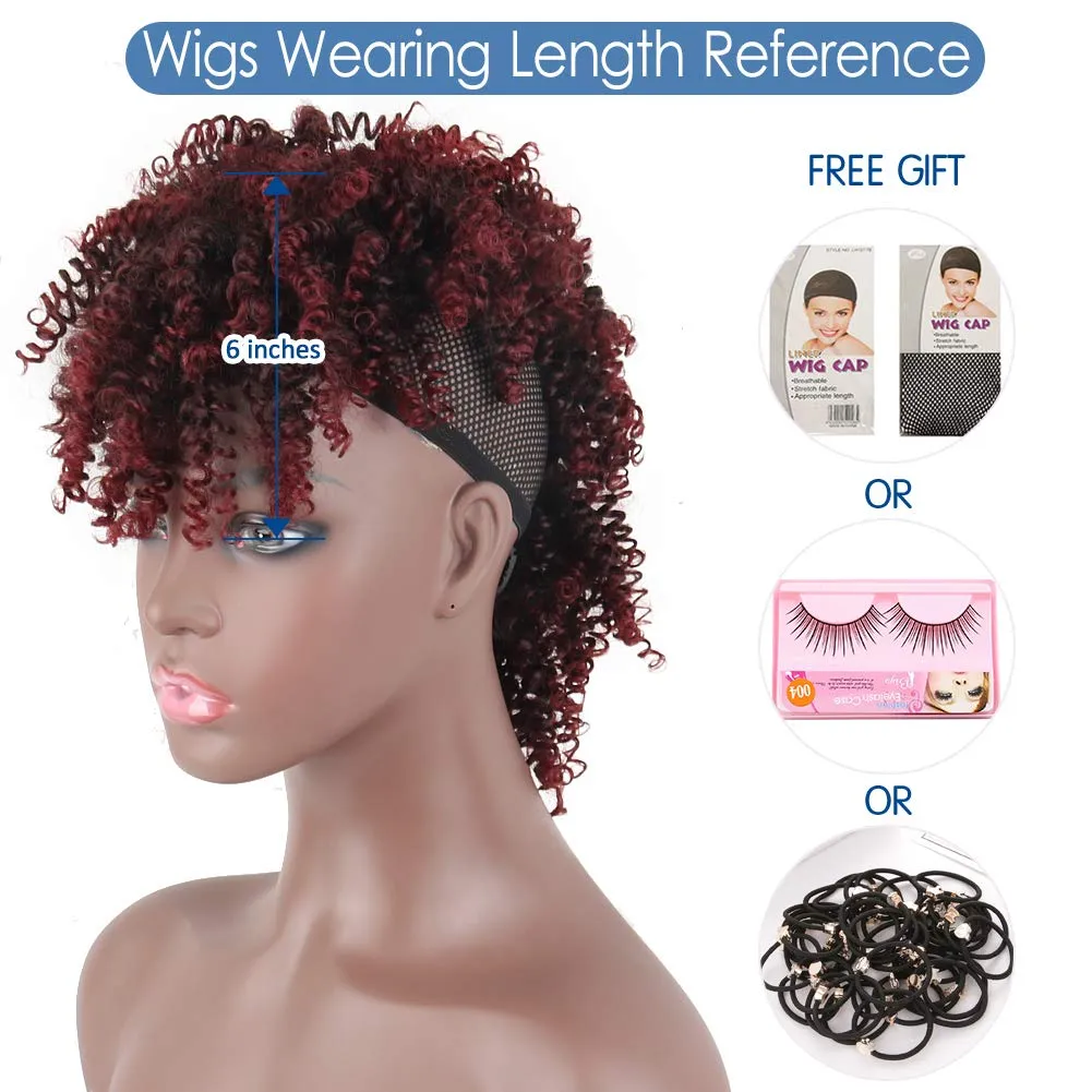 Aisaide High Puff Afro Ponytail Drawstring,Short Red Curly Ponytail Extension,Mohawk Kinky Synthetic Hair Bun with Bangs,Wrap Updo Clip in Hair Extensions with Six Clips and Two Comb(1B/BUG)
