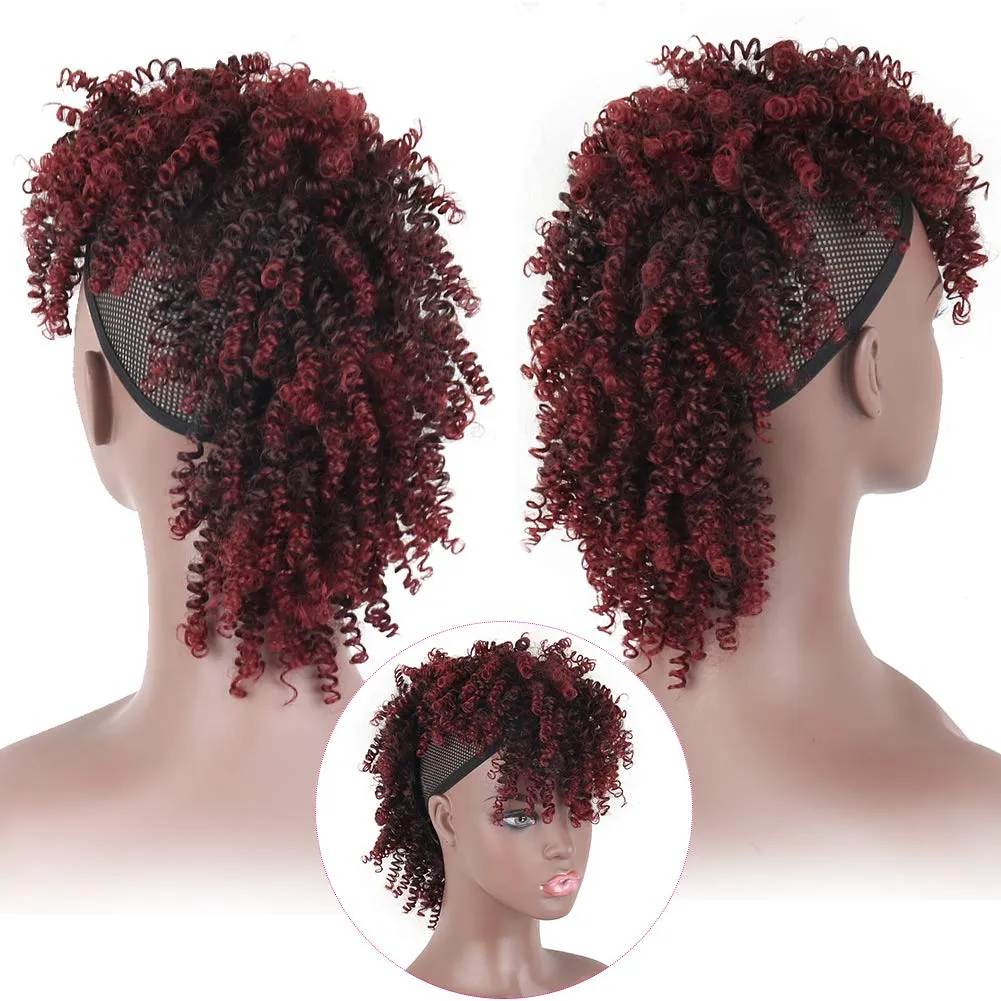 Aisaide High Puff Afro Ponytail Drawstring,Short Red Curly Ponytail Extension,Mohawk Kinky Synthetic Hair Bun with Bangs,Wrap Updo Clip in Hair Extensions with Six Clips and Two Comb(1B/BUG)