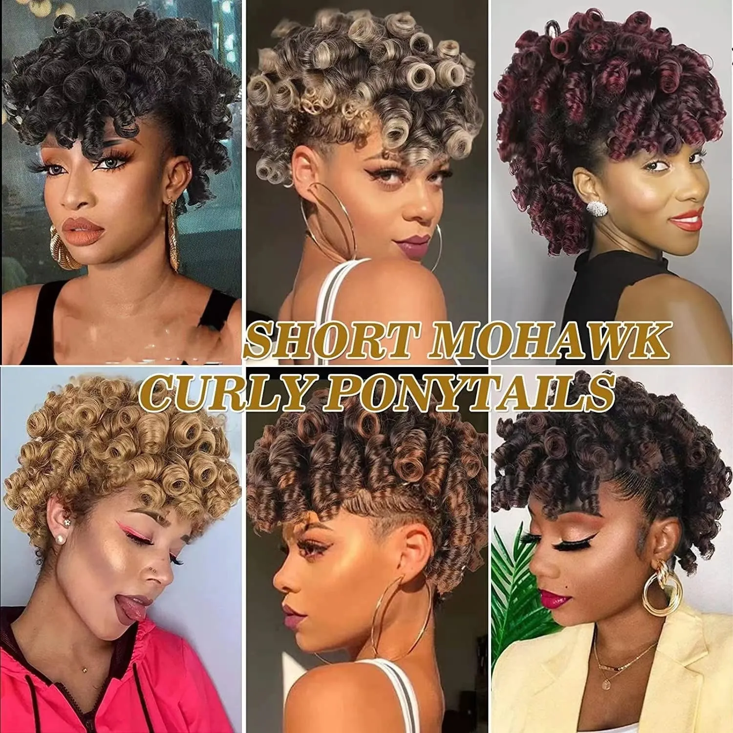 Aisaide Short Afro Curly Mohawk Wig Deep Curly Red Mohawk Ponytails with Bangs for Black Women,Synthetic Burgundy Curly Mohawk Ponytail Clip in Ponytail Hair Extensions Faux Hawk Ponytail 1B/Bug