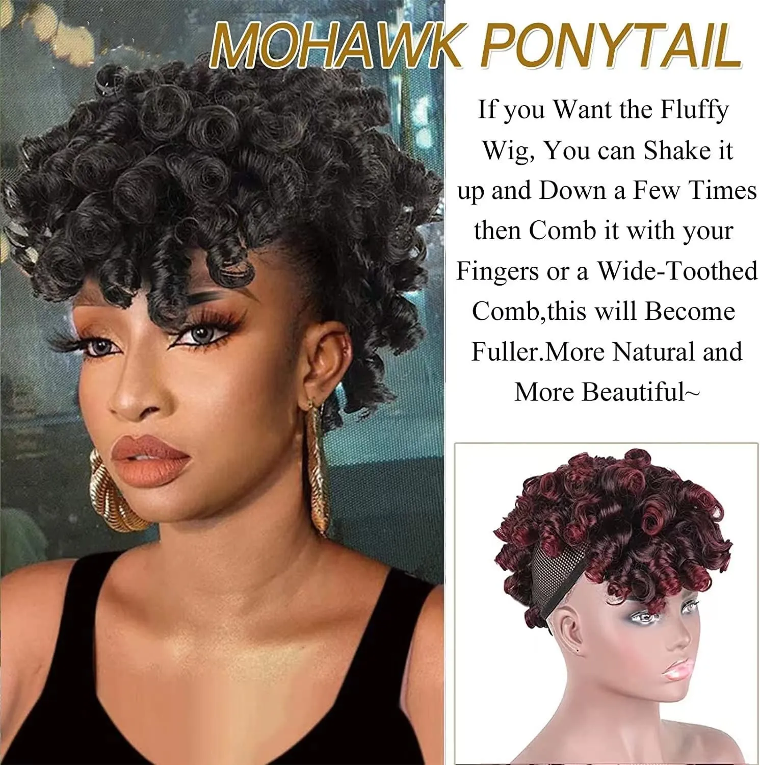 Aisaide Short Afro Curly Mohawk Wig Deep Curly Red Mohawk Ponytails with Bangs for Black Women,Synthetic Burgundy Curly Mohawk Ponytail Clip in Ponytail Hair Extensions Faux Hawk Ponytail 1B/Bug