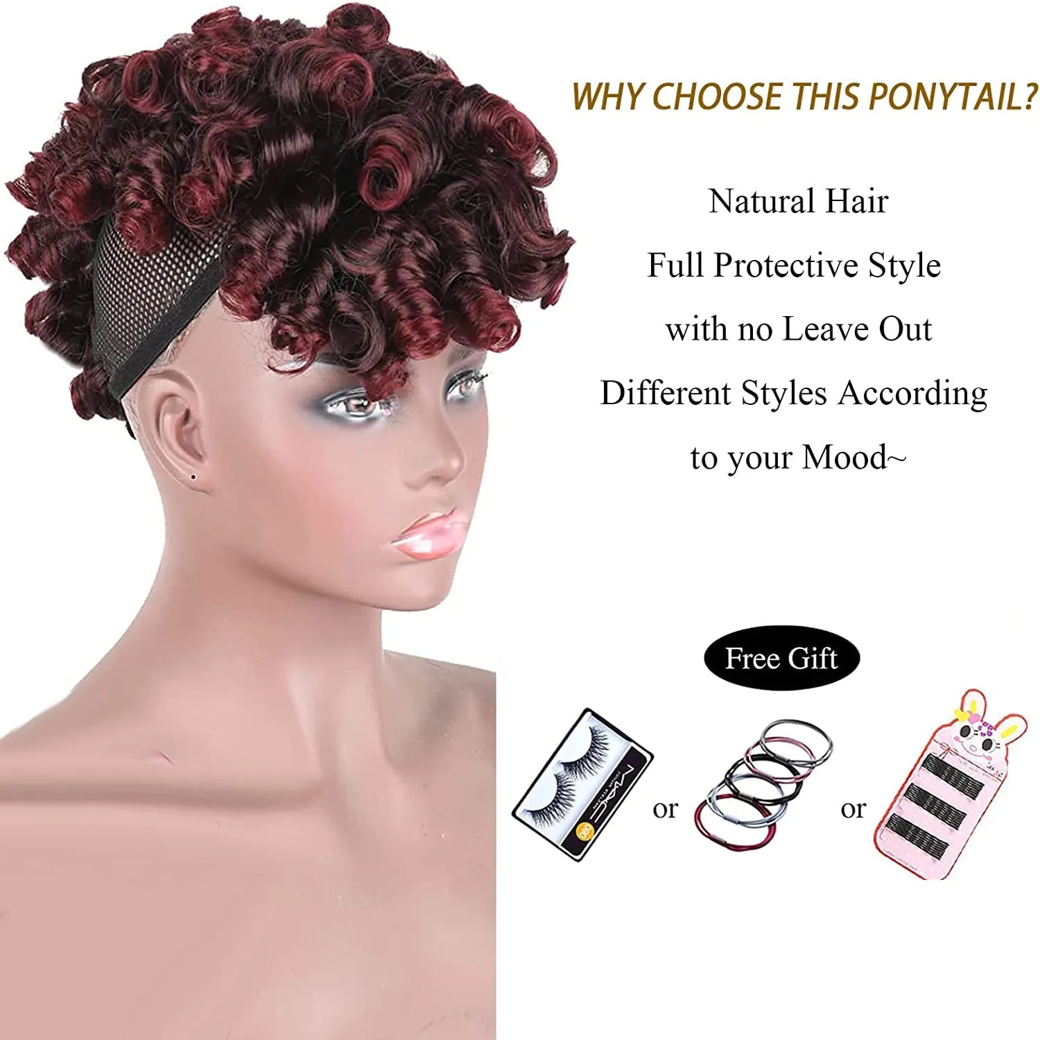 Aisaide Short Afro Curly Mohawk Wig Deep Curly Red Mohawk Ponytails with Bangs for Black Women,Synthetic Burgundy Curly Mohawk Ponytail Clip in Ponytail Hair Extensions Faux Hawk Ponytail 1B/Bug