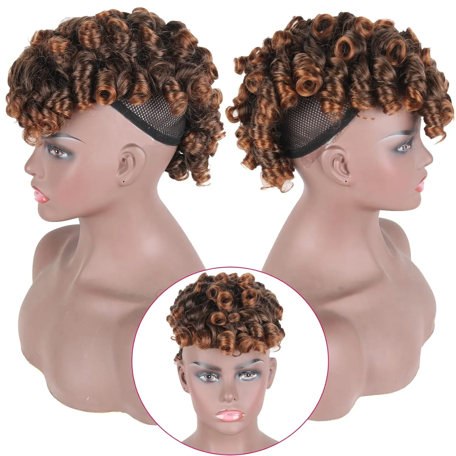 Aisaide Short Curly Mohawk Wig - Brown Curly Mohawk with Bangs for Black Women, Synthetic Blonde Afro Faux Hawk Clip in Ponytail Hair Extensions