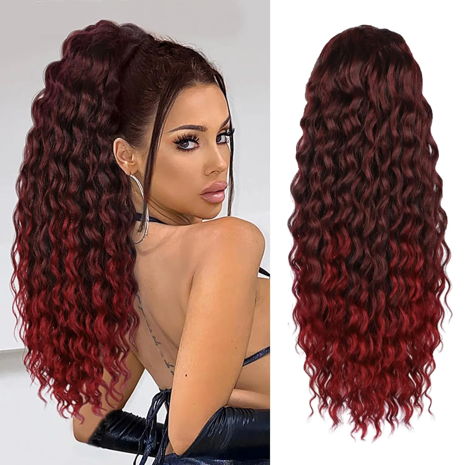 AISI BEAUTY Ponytail Extension Drawstring Ponytail for Black Women Synthetic Dark Brown Long Curly Pony Tails Hair Extensions Clip in Ponytails 24 Inch Hairpiece(T1B/BUG)