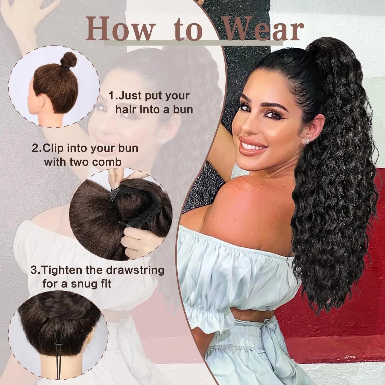 AISI BEAUTY Ponytail Extension Drawstring Ponytail for Black Women Synthetic Dark Brown Long Curly Pony Tails Hair Extensions Clip in Ponytails 24 Inch Hairpiece(T1B/BUG)