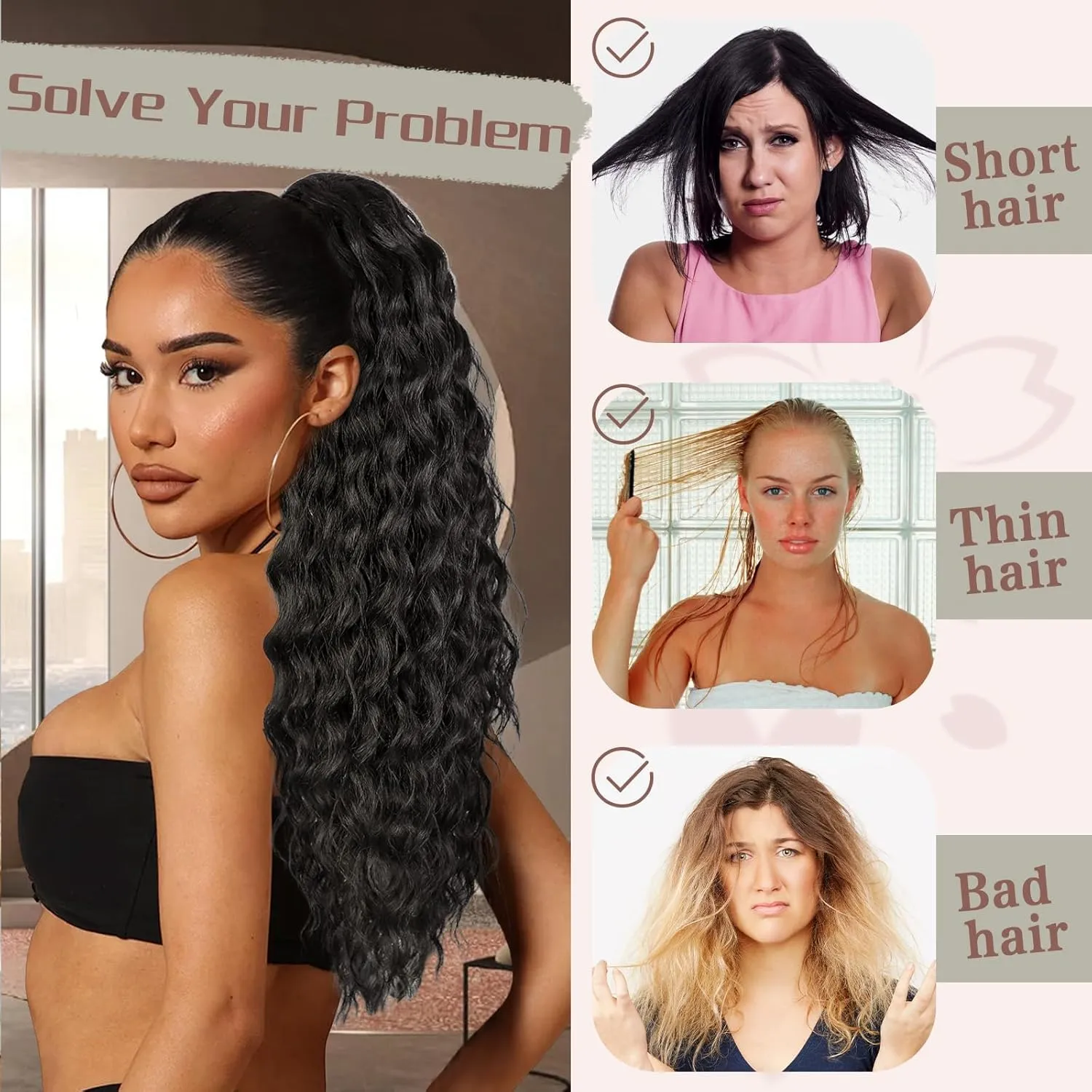 AISI BEAUTY Ponytail Extension Drawstring Ponytail for Black Women Synthetic Dark Brown Long Curly Pony Tails Hair Extensions Clip in Ponytails 24 Inch Hairpiece(T1B/BUG)