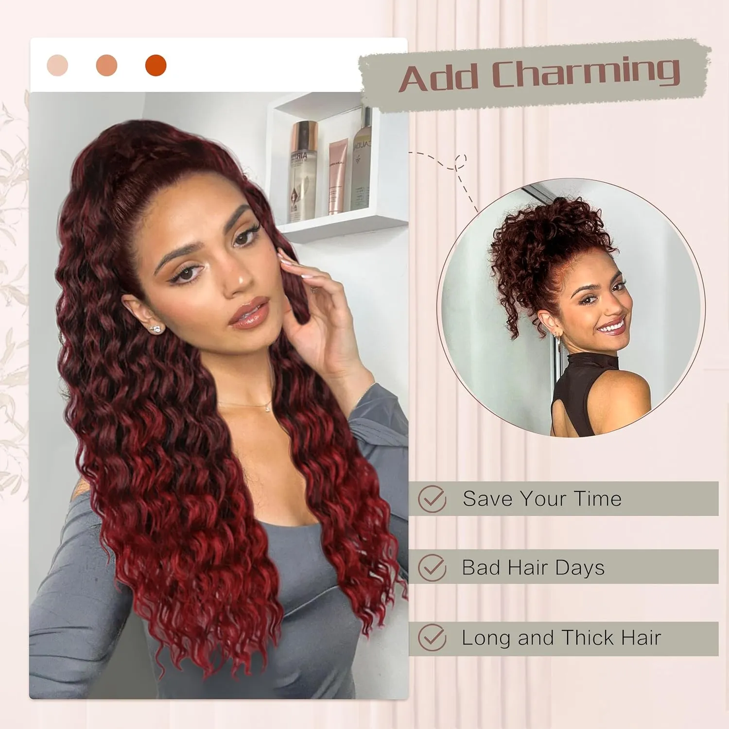 AISI BEAUTY Ponytail Extension Drawstring Ponytail for Black Women Synthetic Dark Brown Long Curly Pony Tails Hair Extensions Clip in Ponytails 24 Inch Hairpiece(T1B/BUG)