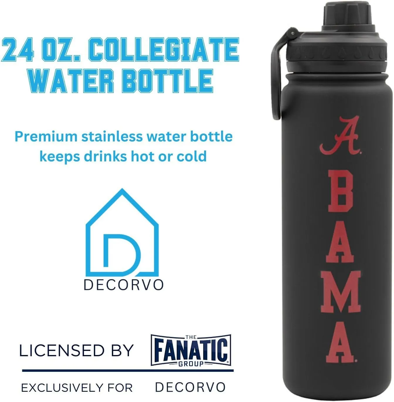 Alabama Water Bottle - Black Double Walled Stainless Steel 24 oz Keeps Drinks Cold or Hot