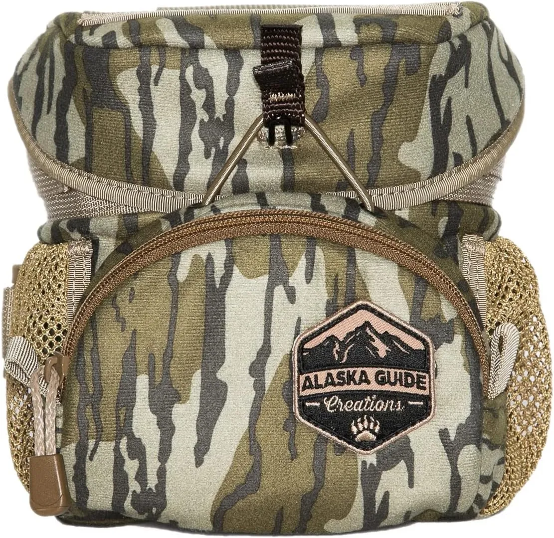 Alaska Guide Creations Hybrid Binocular Pack | Compact Utility Bag with Mesh Side Pockets | Binocular Harness for Comfort and Quick Access (Mossy Oak Bottomland)