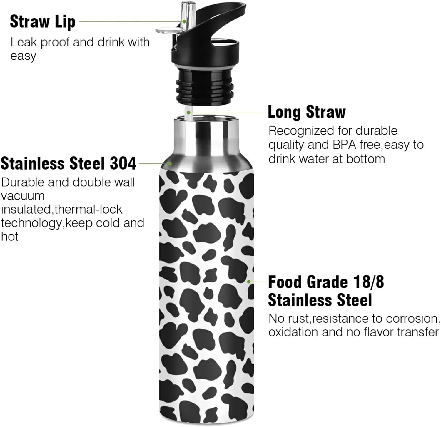 ALAZA Cow Skin Print Water Bottle with Straw Lid Vacuum Insulated Stainless Steel Thermo Flask Water Bottle 20oz