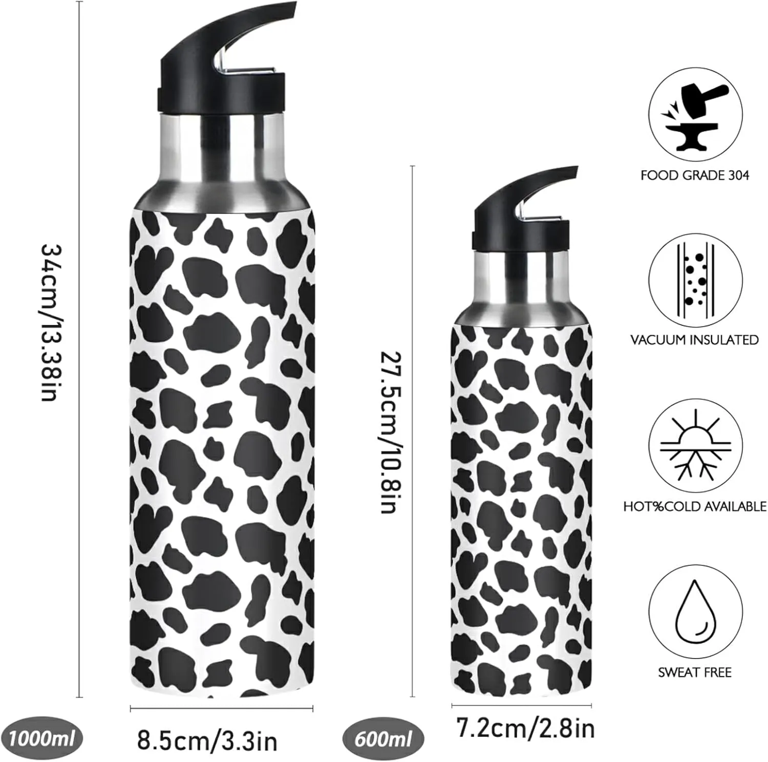 ALAZA Cow Skin Print Water Bottle with Straw Lid Vacuum Insulated Stainless Steel Thermo Flask Water Bottle 20oz