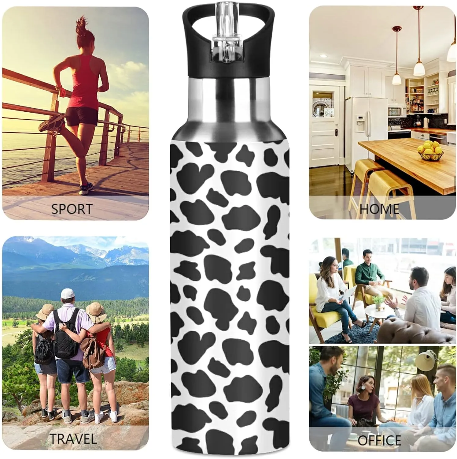 ALAZA Cow Skin Print Water Bottle with Straw Lid Vacuum Insulated Stainless Steel Thermo Flask Water Bottle 20oz