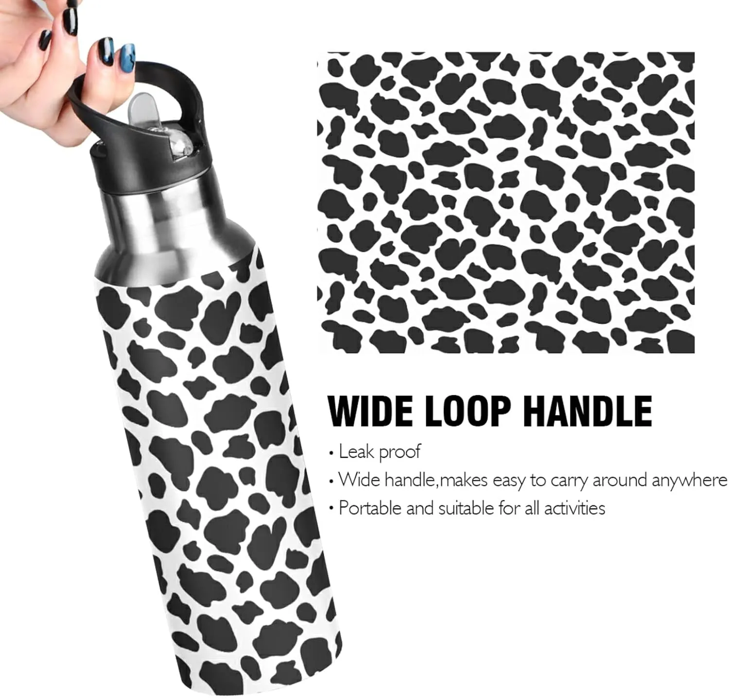 ALAZA Cow Skin Print Water Bottle with Straw Lid Vacuum Insulated Stainless Steel Thermo Flask Water Bottle 20oz