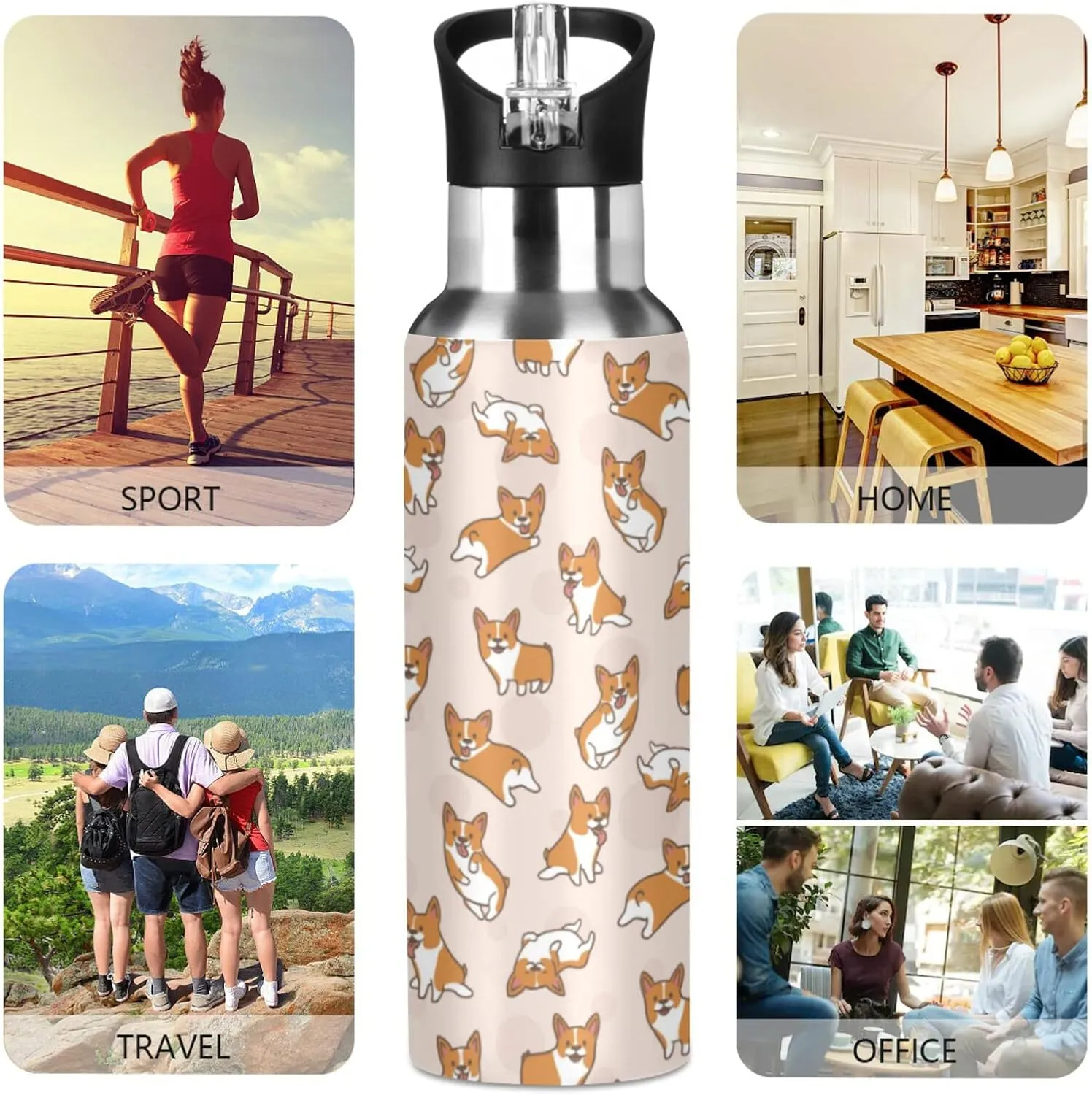 ALAZA Cute Little Corgi Dogs Water Bottle with Straw Lid Vacuum Insulated Stainless Steel Thermo Flask Water Bottle 32oz