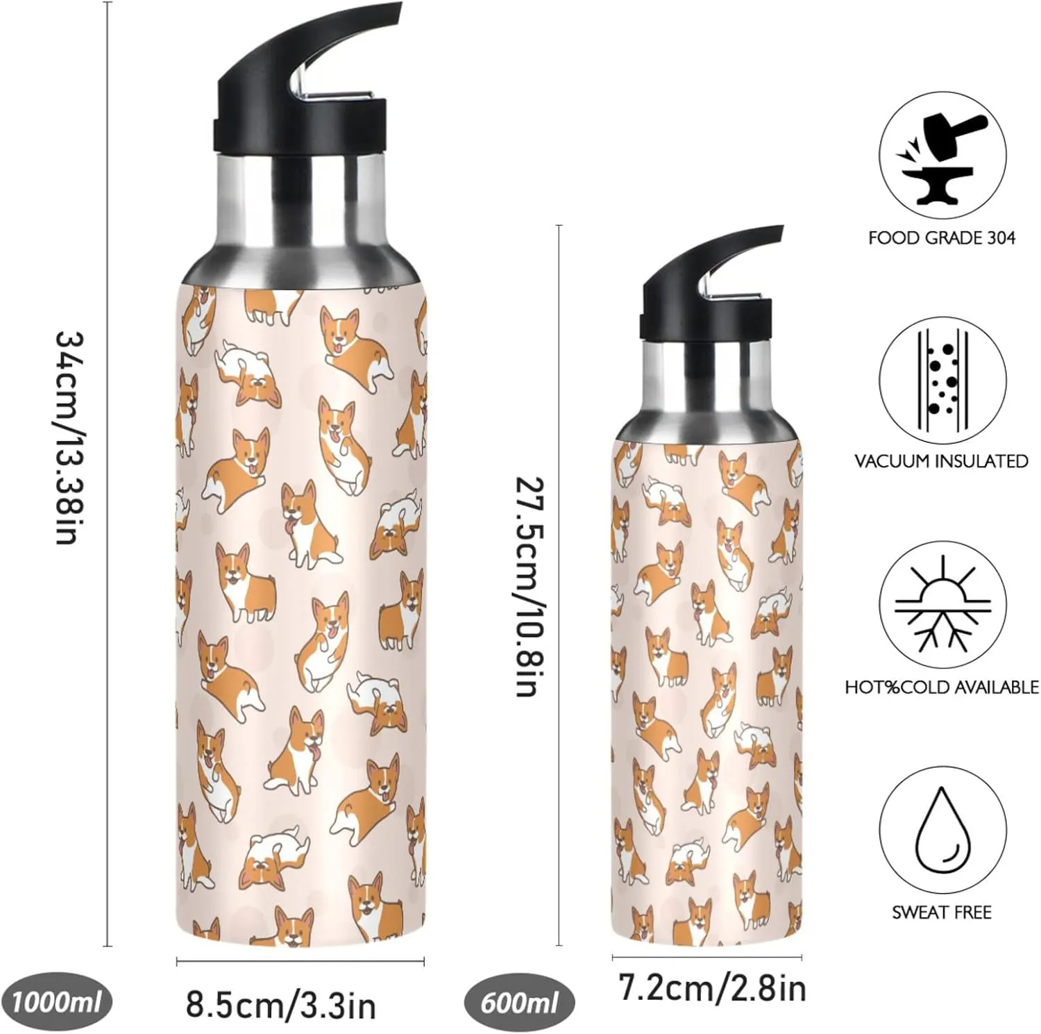 ALAZA Cute Little Corgi Dogs Water Bottle with Straw Lid Vacuum Insulated Stainless Steel Thermo Flask Water Bottle 32oz